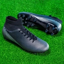 1 Pair High Top Men's Soccer Cleats Athletic Shoes With Long Spikes For Comfortable Outdoor Sports, Suitable For Adults, Couples, Youths And Training - Black - View 1