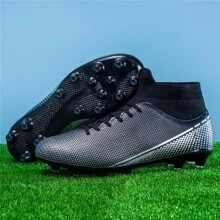 1 Pair High Top Men's Soccer Cleats Athletic Shoes With Long Spikes For Comfortable Outdoor Sports, Suitable For Adults, Couples, Youths And Training - Black - View 6