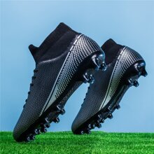 1 Pair High Top Men's Soccer Cleats Athletic Shoes With Long Spikes For Comfortable Outdoor Sports, Suitable For Adults, Couples, Youths And Training - Black - View 2