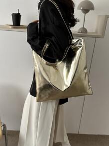 时尚纯色前卫单肩托特包学校托特包、学校书包、便携、可折叠、商务休闲，适合少女、女大学生、教师、新人及白领、大学、度假、海滩、假日、购物 - 金色 - 查看 5