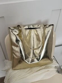 时尚纯色前卫单肩托特包学校托特包、学校书包、便携、可折叠、商务休闲，适合少女、女大学生、教师、新人及白领、大学、度假、海滩、假日、购物 - 金色 - 查看 3