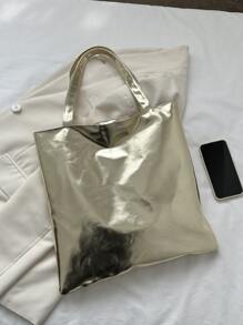 时尚纯色前卫单肩托特包学校托特包、学校书包、便携、可折叠、商务休闲，适合少女、女大学生、教师、新人及白领、大学、度假、海滩、假日、购物 - 金色 - 查看 7