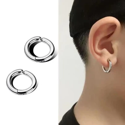 1pair Stainless Steel Non-piercing Circle Ear Cuff Fake Earrings, Classic Punk Style For Men And Women