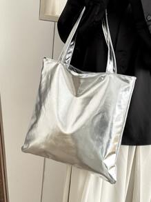 Large Capacity Metallic Luster Tote Bag, Funky, Punk & Bag For Street Wear - Silver - View 4