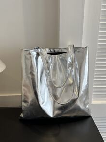 Large Capacity Metallic Luster Tote Bag, Funky, Punk & Bag For Street Wear - Silver - View 2