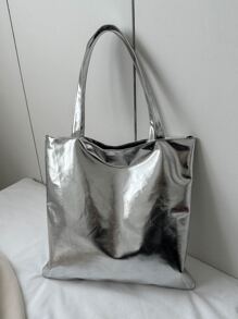 Large Capacity Metallic Luster Tote Bag, Funky, Punk & Bag For Street Wear - Silver - View 1