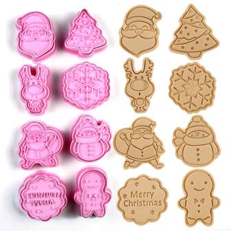8入組聖誕主題塑料餅乾模具套裝,包括聖誕老人、聖誕樹、人形餅乾模具和印章,適用於家庭、烘焙店、咖啡廳(b114)