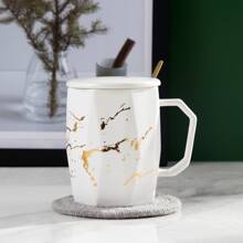 3入組黑白釉面金色裂紋圖案陶瓷杯,附有蓋子和勺子,非常適合辦公室使用