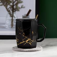 3入組黑白釉面金色裂紋圖案陶瓷杯,附有蓋子和勺子,非常適合辦公室使用