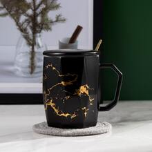 3入組黑白釉面金色裂紋圖案陶瓷杯,附有蓋子和勺子,非常適合辦公室使用