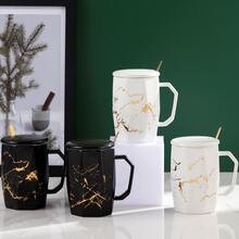 3入組黑白釉面金色裂紋圖案陶瓷杯,附有蓋子和勺子,非常適合辦公室使用