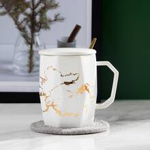 3入組黑白釉面金色裂紋圖案陶瓷杯,附有蓋子和勺子,非常適合辦公室使用