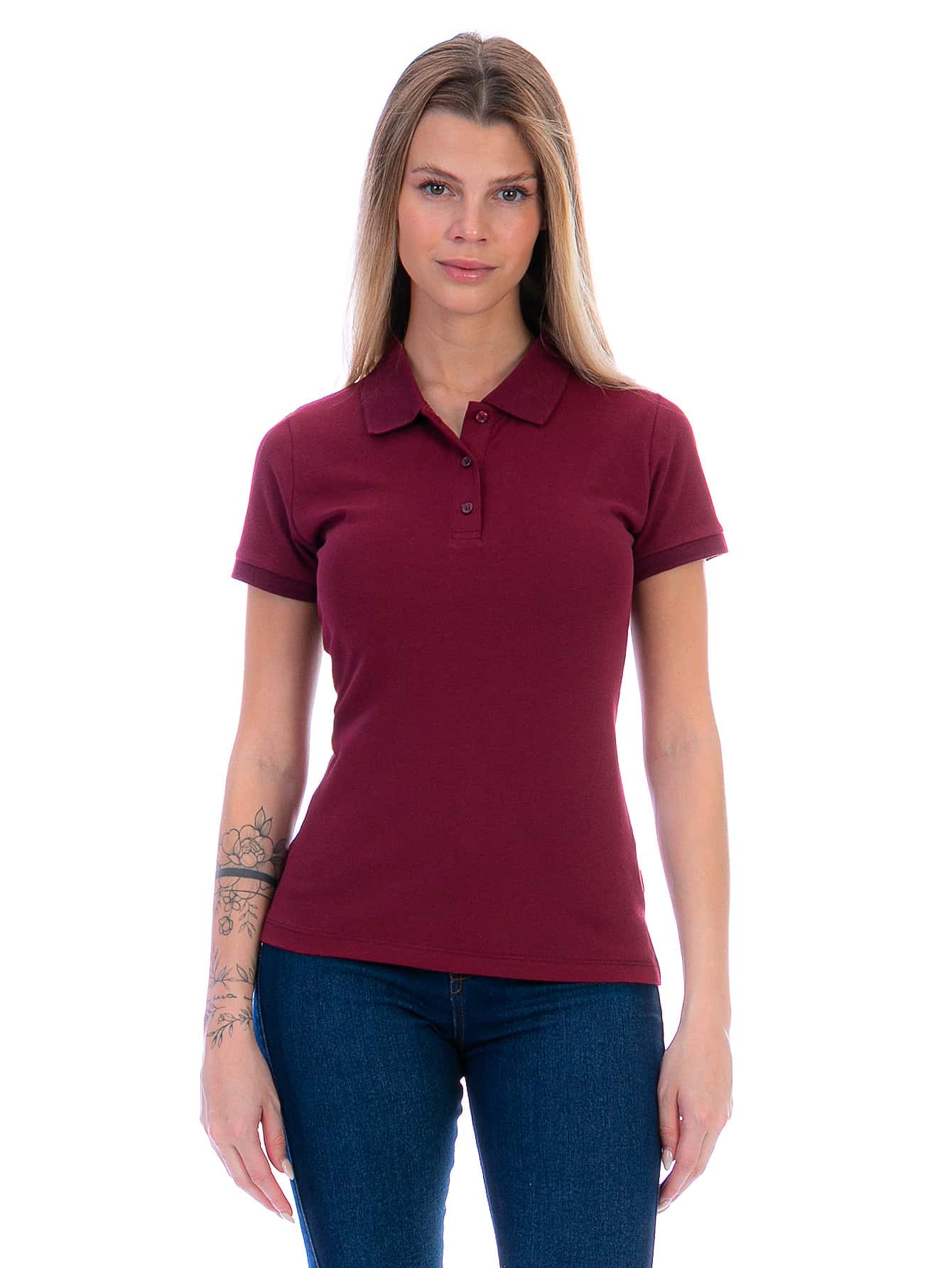 Women's Polo Shirt Short Sleeve Stretch Cotton - バーガンディ - チェックする 1