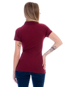Women's Polo Shirt Short Sleeve Stretch Cotton - バーガンディ - チェックする 2