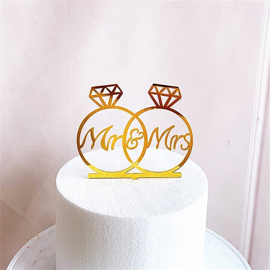 求婚方形圆形烫金生日快乐蛋糕插卡亚克力蛋糕生日派对结婚用品蛋糕装饰 - 金色 - 查看 1