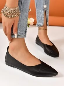 女性舒服的透氣素色尖頭低胸一腳蹬平底鞋,合適的適用於適用於戶外運動,購物,室內家庭,秋天,黑色,PU皮革和軟底 - 黑色 - 查看 5