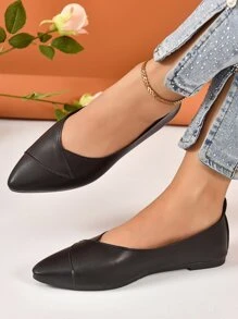 女性舒服的透氣素色尖頭低胸一腳蹬平底鞋,合適的適用於適用於戶外運動,購物,室內家庭,秋天,黑色,PU皮革和軟底 - 黑色 - 查看 2