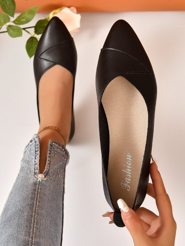 Zapatos planos de mujeres cómodo transpirable unicolor de punta corte bajo sin cordones, adecuado para para actividades al aire libre, compras, interior casa, otoño, negro, PU con fondo suave