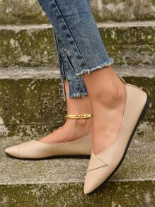 Women's Comfortable Breathable Solid Color Pointed Toe Slip-On Flat Shoes, Casual Style Suitable For Moms Wearing Outdoors, Indoors Or At Home During Autumn, Khaki Color Pu Leather Shoes With Soft Sole