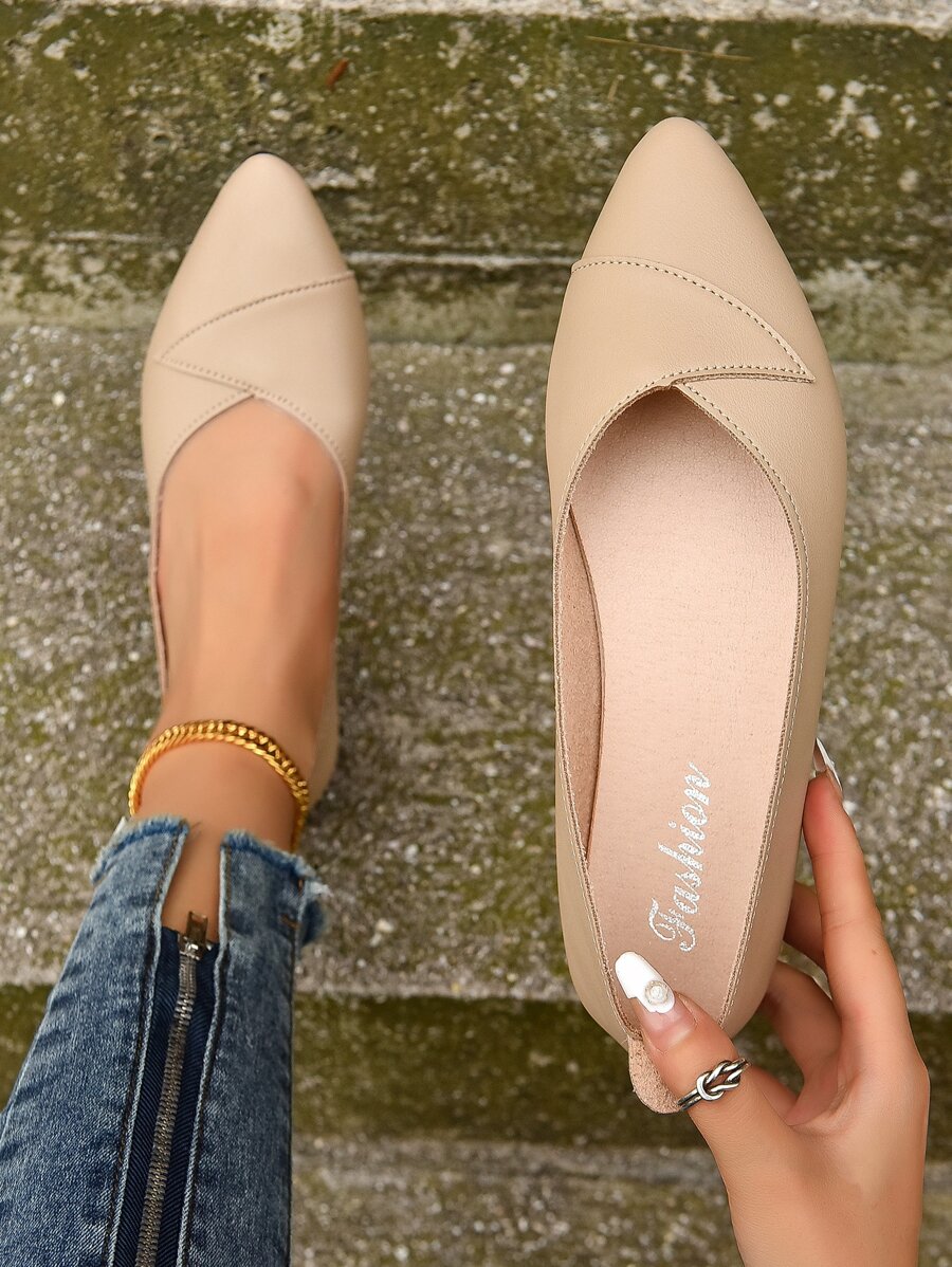 Women's Comfortable Breathable Solid Color Pointed Toe Slip-On Flat Shoes, Casual Style Suitable For Moms Wearing Outdoors, Indoors Or At Home During Autumn, Khaki Color Pu Leather Shoes With Soft Sole