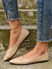 Women's Comfortable Breathable Solid Color Pointed Toe Slip-On Flat Shoes, Casual Style Suitable For Moms Wearing Outdoors, Indoors Or At Home During Autumn, Khaki Color Pu Leather Shoes With Soft Sole