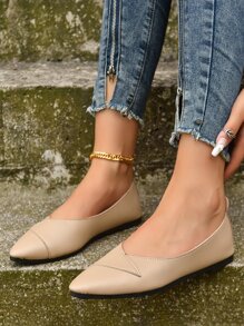 Women's Comfortable Breathable Solid Color Pointed Toe Slip-On Flat Shoes, Casual Style Suitable For Moms Wearing Outdoors, Indoors Or At Home During Autumn, Khaki Color Pu Leather Shoes With Soft Sole