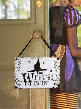 1pc Halloween Welcome Sign Plaque With Mischievous Ghost Design, Witch Is In Door Hanger Decoration