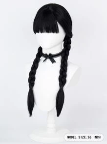 26英寸黑色長直辮髮假髮,適用於女孩和女性,合成具熱阻纖維,星期三·亞當斯萬聖節角色扮演假髮 - 黑色 - 查看 4