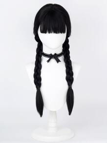 26英寸黑色長直辮髮假髮,適用於女孩和女性,合成具熱阻纖維,星期三·亞當斯萬聖節角色扮演假髮 - 黑色 - 查看 1