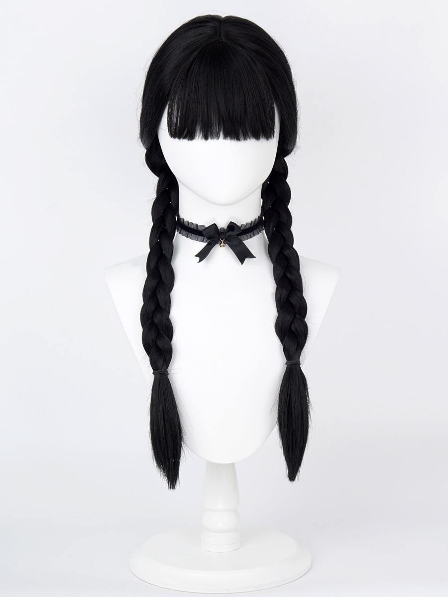 26英寸黑色長直辮髮假髮,適用於女孩和女性,合成具熱阻纖維,星期三·亞當斯萬聖節角色扮演假髮 - 黑色 - 查看 1