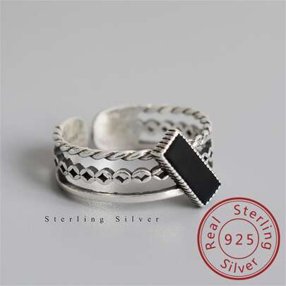 OMID 1 Stück S925 Sterling Silber Herstellung Einzigartiger Vintage Schwarz Rechteck Öffnen Ring Geeignet Für Damen Täglichen Gebrauch