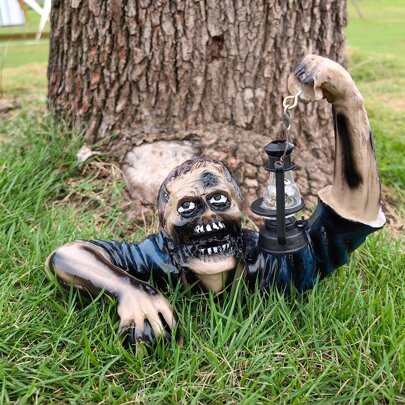 萬聖節和鬼節日殭屍保持燈籠合成樹脂工藝裝飾用品適用於花園,恐怖雕塑