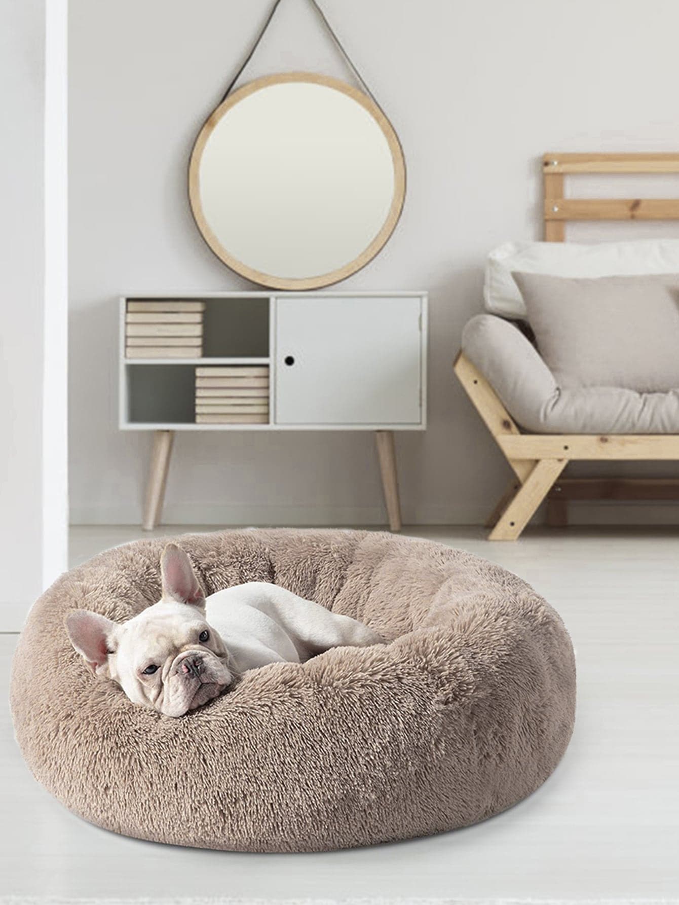 1pc Round Plush Pet Bed With Rubber Bottom, Winter Warmth, Suitable For All Kinds Of Small