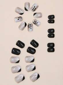 24入短方形黑色葉子圖案法式彩色時尚壓克力假指甲套裝，可塑造帥氣甜美百變造型，每組附有可拆卸雙面膠和一根黃瓜胶指甲棒 - 彩色 - 查看 3