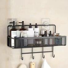 1 件装铁制浴室置物架带挂钩，可挂牙刷、毛巾、洗手液，适用于洗手间壁挂式储物架，无需钻孔 - 黑色 - 查看 5