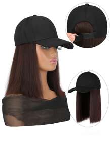 10英寸合成機器織成的黑色棒球帽，帶有鮑伯頭髮造型，適合日常佩戴假髮帽短髮合成鬆緊帽HD鬆緊帽黑色鬆緊帽假髮 - 棕色 - 查看 3