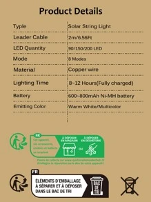 150/200 Led太陽能煙火串燈,暖白色,戶外太陽能燈,太陽花煙火串燈花環,適用於露營,派對,花園,樹木,露台,庭院裝飾 - 黃色 - 查看 5