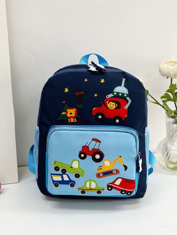 1 Peça Mochila Com Fechamento De Zíper E Padrão De Carro De Desenho Animado Para Meninos