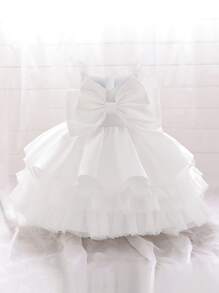 女婴纯色缎面网纱无袖蓬蓬裙，配有大蝴蝶结，优雅大方，适合生日派对穿着，不含发带。 - 白色 - 查看 1
