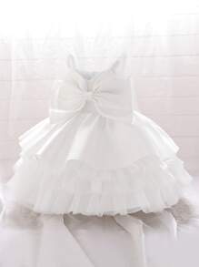 女婴纯色缎面网纱无袖蓬蓬裙，配有大蝴蝶结，优雅大方，适合生日派对穿着，不含发带。 - 白色 - 查看 3