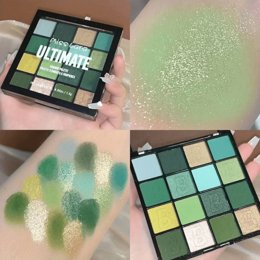 16color Eyeshadow Palette, Shimmery & Matte Finish, Green Blue Pink Rainbow Pigment, High Color