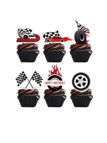 24pcs Racing Car Cake Topper Flag Tires Cake Decoration Competition Birthday Party Supplies For All People - Black - View 1