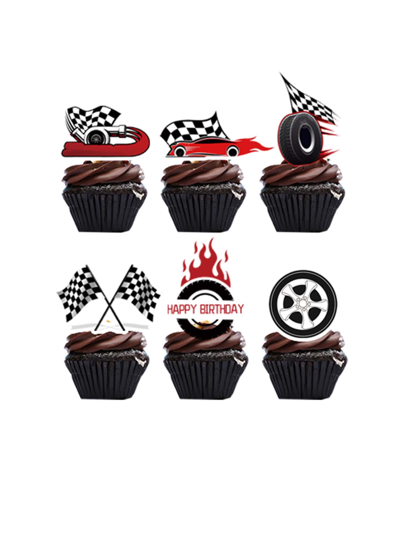 24pcs Racing Car Cake Topper Flag Tires Cake Decoration Competition Birthday Party Supplies For All People - Black - View 1