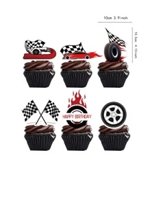 24pcs Racing Car Cake Topper Flag Tires Cake Decoration Competition Birthday Party Supplies For All People - Black - View 3