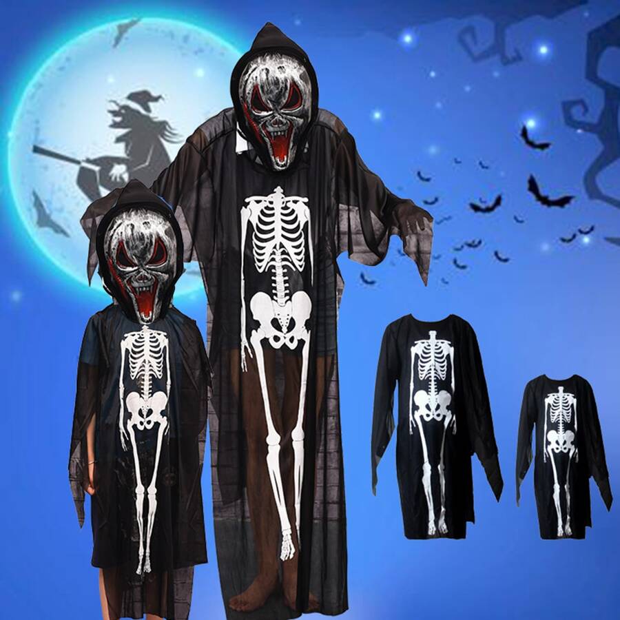 1 件成人和儿童骷髅鬼魂服装，适合酒吧和鬼屋派对、表演道具（不含面具）、圣诞节 - 黑色 - 查看 1