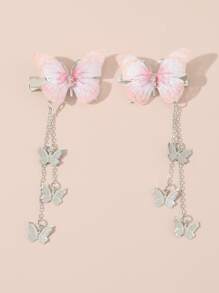 2个装女士简约优雅蜜桃色蝴蝶流苏发夹，适合日常佩戴 - 彩色 - 查看 3