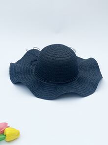 1頂女士黑色波浪邊編織草帽,適用於戶外海灘防曬,時尚且可折疊 - 黑色 - 查看 2