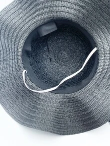 1頂女士黑色波浪邊編織草帽,適用於戶外海灘防曬,時尚且可折疊 - 黑色 - 查看 4