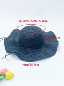 1頂女士黑色波浪邊編織草帽,適用於戶外海灘防曬,時尚且可折疊 - 黑色 - 查看 5