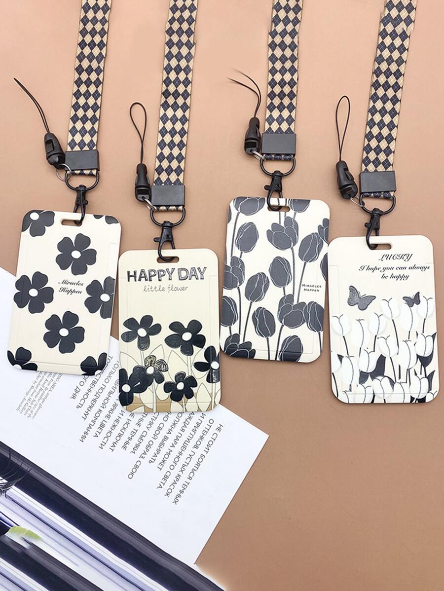 1 Pieza Funda Protectora Para Portatarjetas De Estudiante Con Patrón De Rosa Aleatorio, Estuche Para Tarjetas Con Correa Para El Cuello - Multicolor - Ver 1